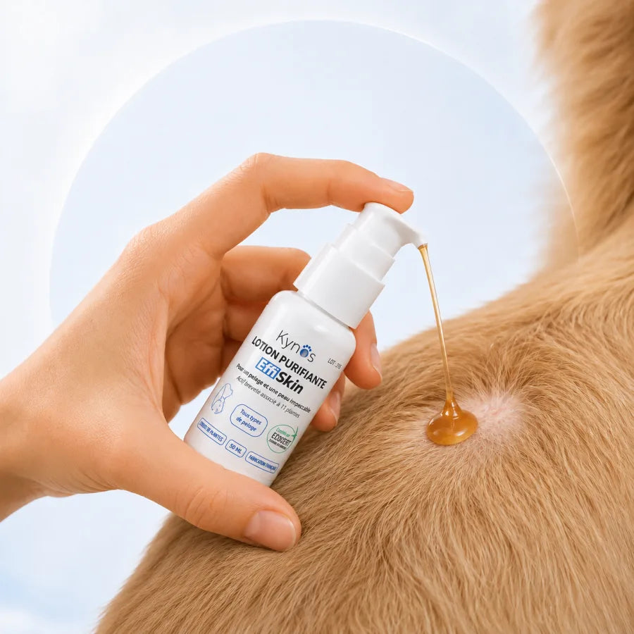 Application d’EffiSkin Lotion directement sur la peau d’un chien