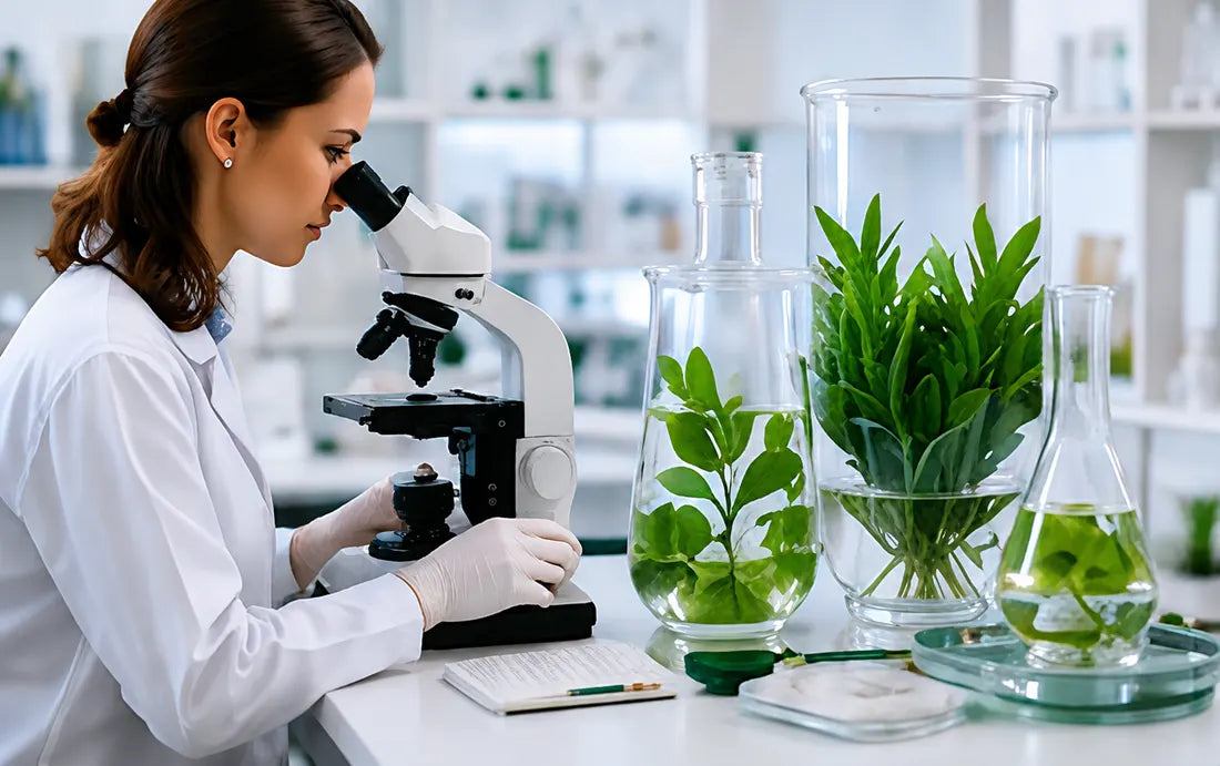 Chercheuse observant au microscope des extraits végétaux destinés à EffiSkin